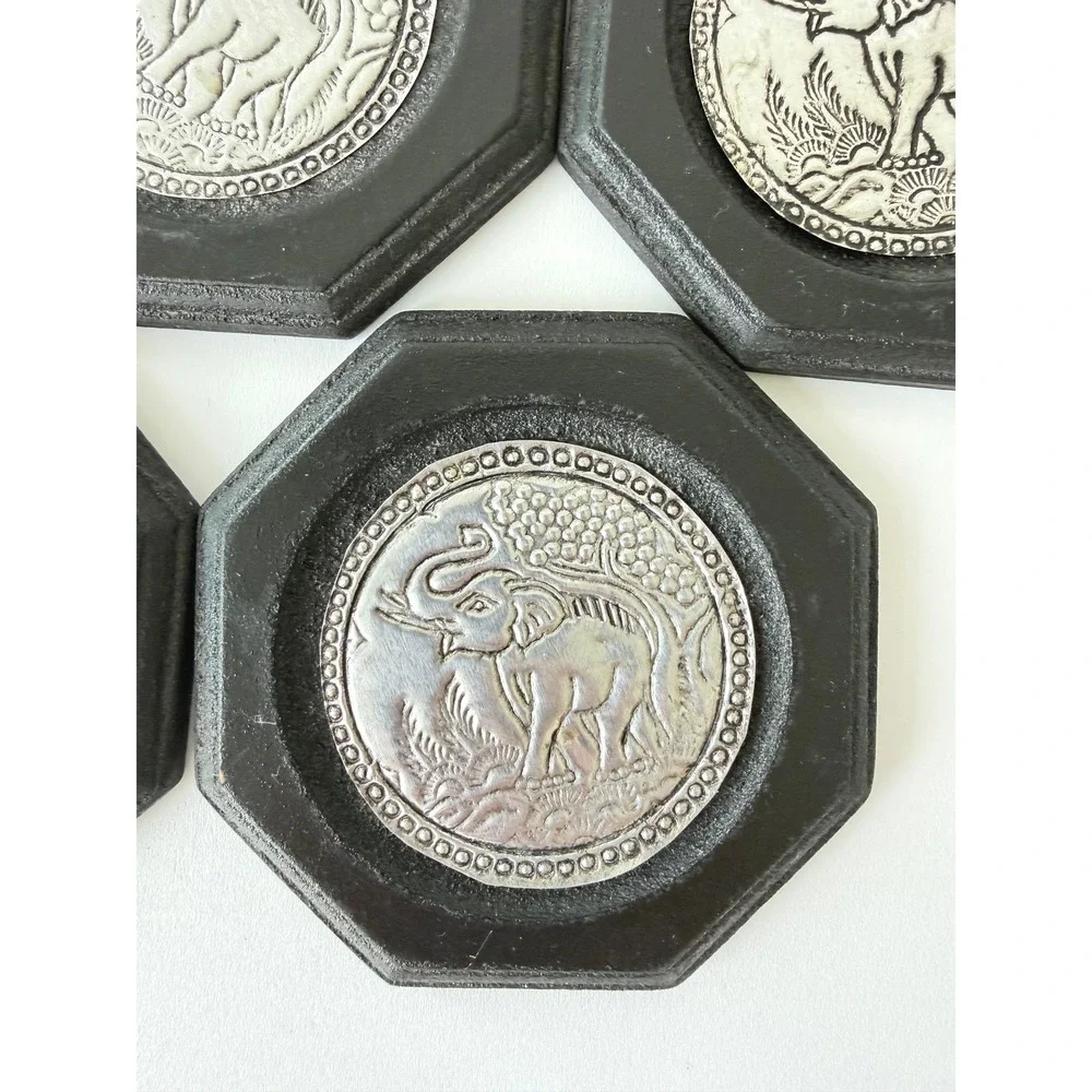 Vintage Thai Elephant Coasters Set of 5 Octagonal Black Silver Tone